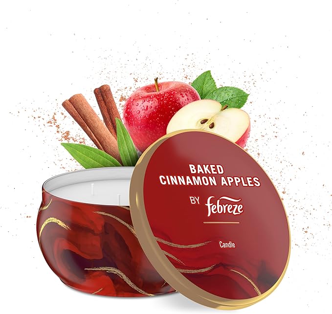 Febreze Scented Candle, Baked Cinnamon Apples Scent, 4 Wick Candle, Reusable Tin, Long Lasting Even Burn, Giftable for Holidays, 11oz, Single Pack