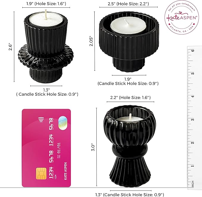 Kate Aspen Vintage Ribbed Glass Black Candlestick Holders, Pillar Candle, Tealight & Votive Candle Holders (Set of 6, 3 Assorted Sizes), Dining Table Decor, Shelf Decor, Centerpiece