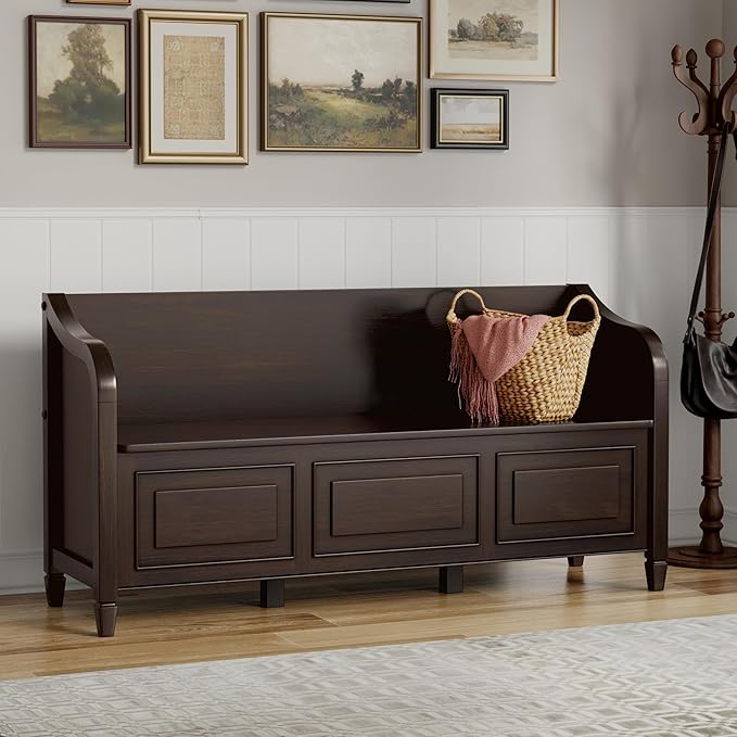 SIMPLIHOME Connaught Entryway Storage Bench - 56 inch Wide Solid Wood Wide Storage Seat in Chestnut Brown, Traditional Bench for Entryway or Living Room with Lift-Up Lid and Paneled Front
