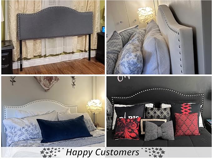 Naomi Home Catalina Queen Headboard – Adjustable Linen Upholstered Tufted Panel with 12 Height Settings, Wall-Mount or Bed Frame Mount, Sturdy Wood Frame, Nailhead Trim – Light Gray