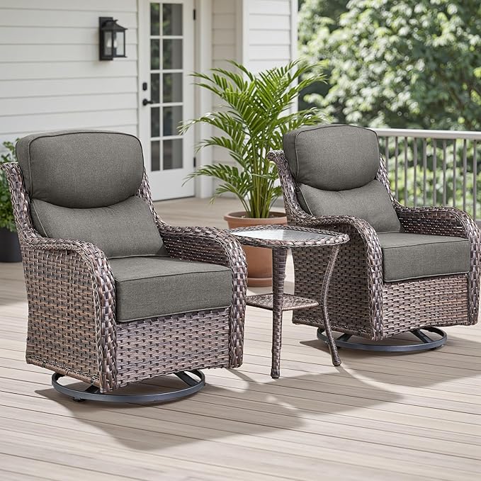 Rilyson Outdoor Patio Swivel Rocker Chairs Set of 2, Waterproof Wicker, High Back, Deep Seating, Wide Armrest, Upgraded 6 inch Thick Cushions, Side Table, Ideal for Deck Porch Yard, Brown-Grey