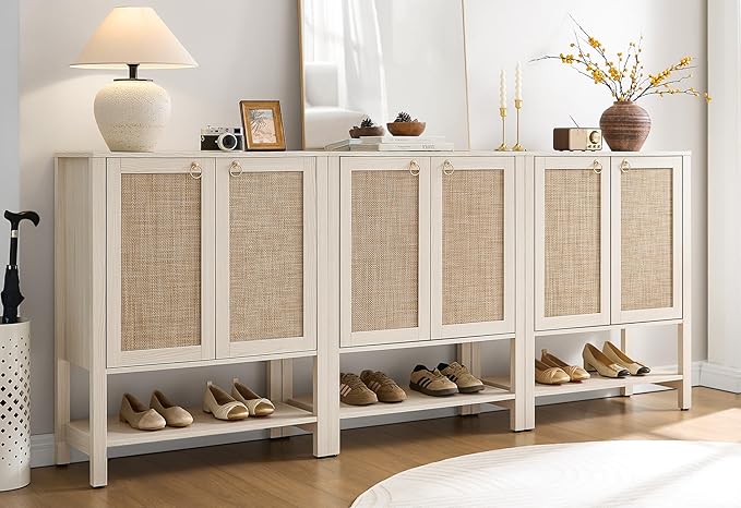 SICOTAS Shoe Cabinet with Storage - 3 Pieces Farmhouse Shoe Organizer with Rattan Doors & Shelves, 5 Tier Free Standing Shoe Rack Storage Cabinet for Entryway, Living Room, Closet (White Cream Oak)