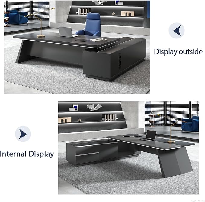 L-Shaped Black Executive Desk with Drawers, Large Modern Executive Office Desk with Storage Cabinets, Cable Box, Wide Desktop โ Home Office Desk (Left, 79" L * 63" W * 30" H)