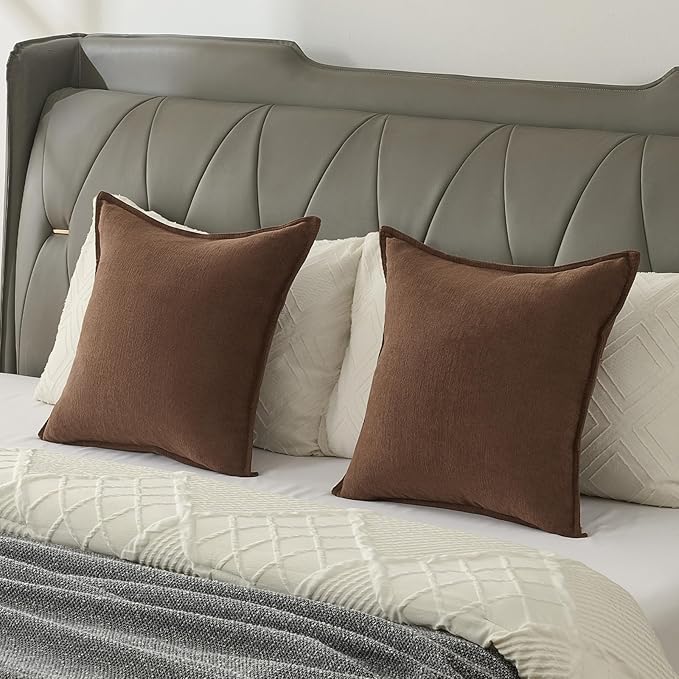 FUTEI Brown Chenille Throw Pillow Covers 16x16 Inch Set of 2,Edges Double-Stitched Cushion Cases,Modern Home Decor for Couch Living Room