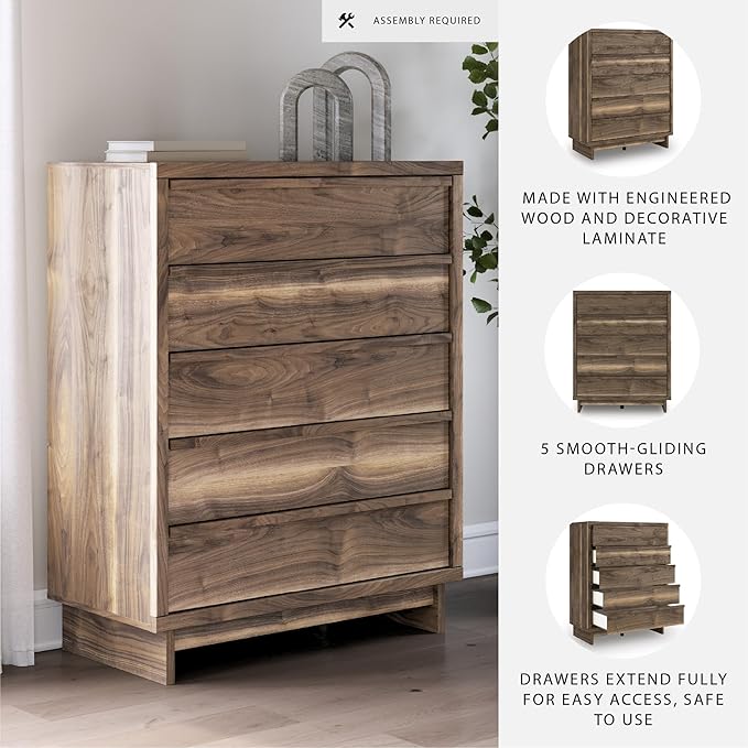 Signature Design by Ashley Darcalli Casual 5-Drawer Wide Chest with Easy Glide and Safety Stop for Bedroom, Light Brown