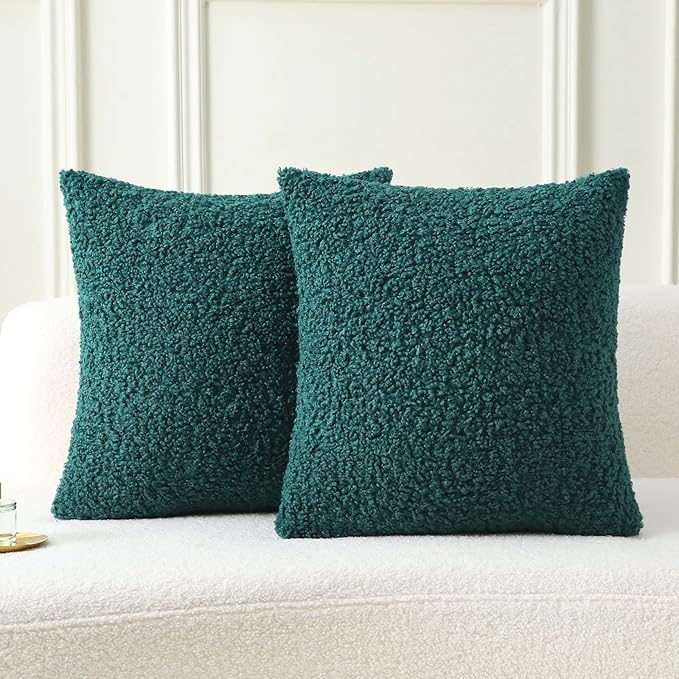 FUTEI Dark Green Throw Pillow Covers 20x20 Inch Set of 2,Furry Faux Fur Teddy Boucle Textured Cushion Covers,Soft Fluffy Decorative Pillow Case,Home Decor for Couch Bed Living Room Office Car