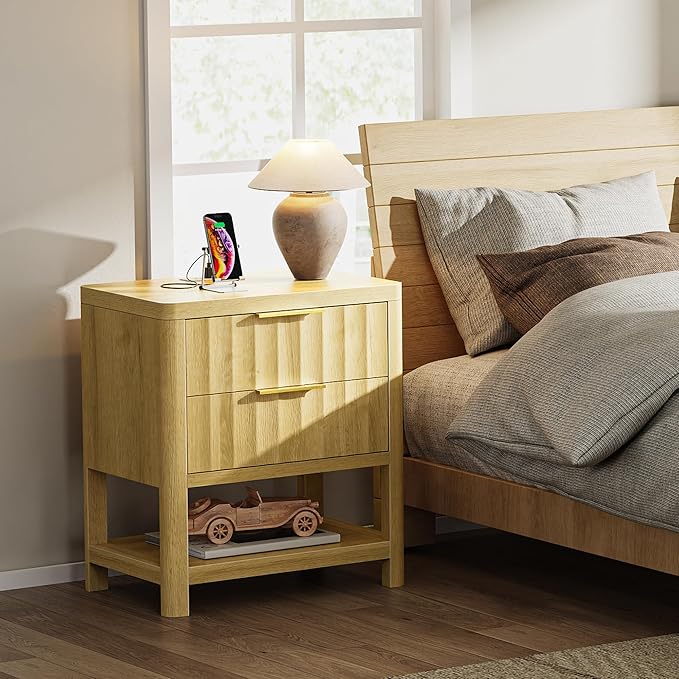 Huuger 27.6 Inch Tall Night Stand with Charger Station, USB-C Port, Fluted Nightstand with 2 Deep Drawers, Larger Wider Bed Side Table with Open Shelf, Bedroom Living Room End Table, Natural Wood
