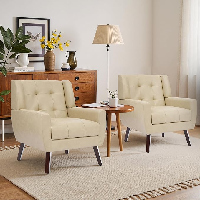 Faux Leather Accent Chair, Mid-Century Modern Upholstered Armchair, Comfy Living Room Chairs Reading Chairs with Button Tufted Back & Solid Wood Legs for Bedroom, Office, Cream