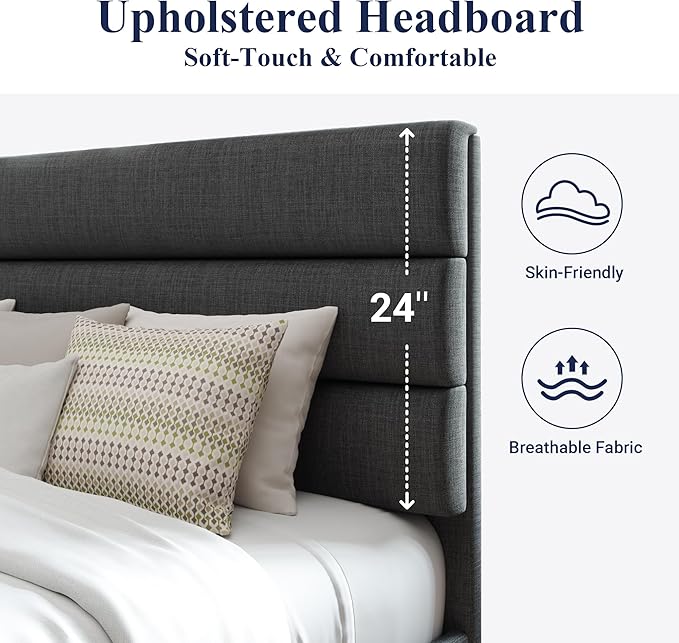 Allewie Full Size Platform Bed Frame with Fabric Upholstered Headboard and Wooden Slats Support, Fully Upholstered Mattress Foundation/No Box Spring Needed/Easy Assembly, Dark Grey