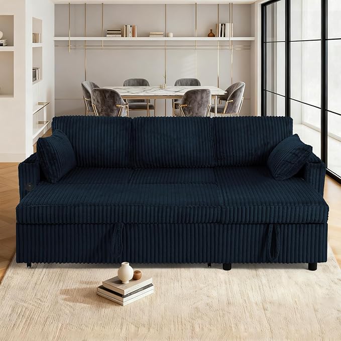 84" Corduroy Pull Out Sofa Bed w/Adjustable Backrests, Sectional L-Shape Sleeper Sofa w/Storage Chaise, Convertible Couch Bed w/USB Charging Port & Cup Holders for Living Room, House, Blue