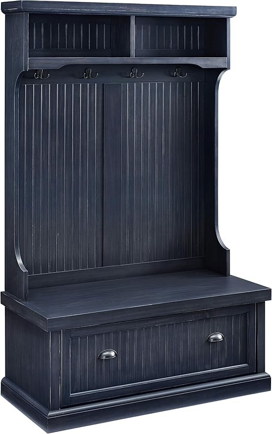 Crosley Furniture Seaside Hall Tree with Shoe Rack Bench and Coat Hooks for Hanging Storage, Distressed Navy