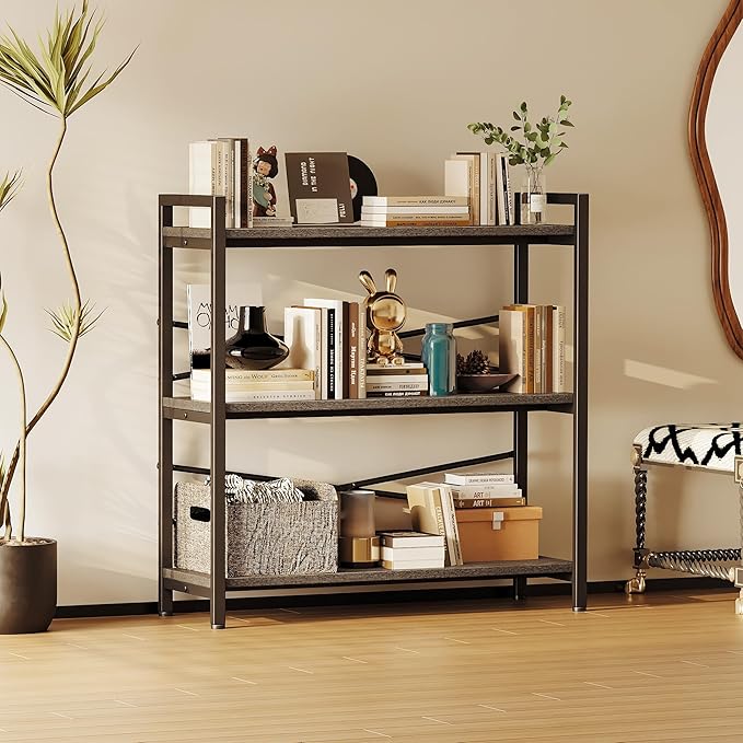 Book Shelf, 3 Tier Bookshelf 31.49" Width, Book Shelf Storage and Organization, Wooden and Metal Industrial Bookcase, Large Book Shelves for Home Living Room Bedroom Office Storage(Grey)