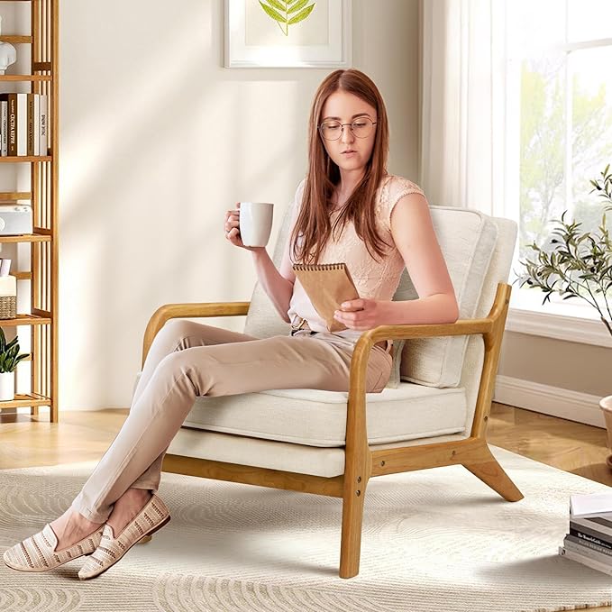 COLAMY Modern Accent Chair with with Solid Wood Frame, Mid Century Reading Leisure Armchair Lumbar Pillow& Soft Cushion, Relaxing Chair for Living Room,Bedroom,Waiting Room(Beige)