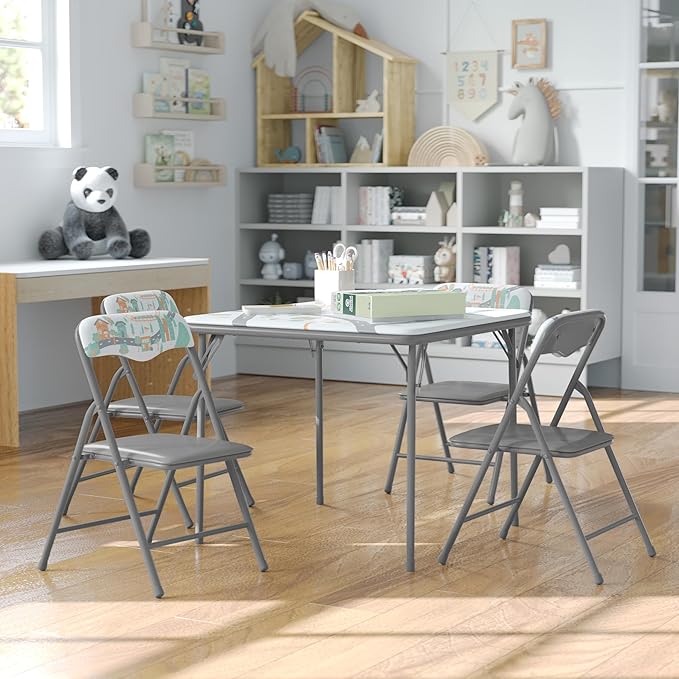 Flash Furniture Mindy Kids 5-Piece Folding Square Table and Chairs Set for Daycare and Classrooms, Children's Activity Table and Chairs Set, Printed