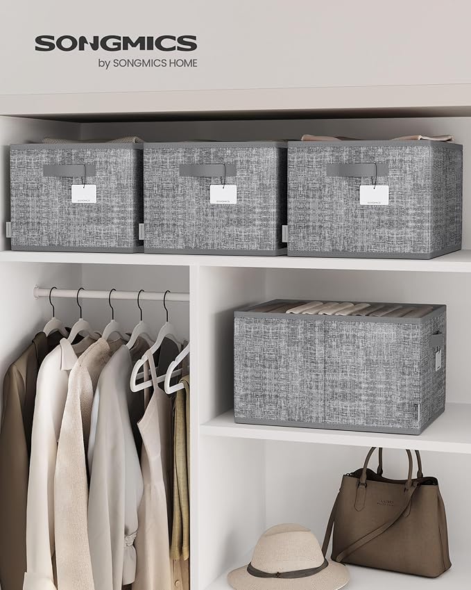 SONGMICS Storage Cubes, 15.7 x 11.8 x 9.5 Inches Non-Woven Fabric Bins with Double Handles, Set of 3, Closet Organizers for Shelves, Foldable, for Clothes, Cattail Gray UROB440G01
