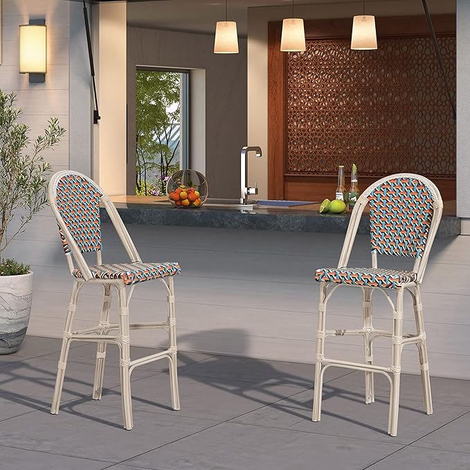 PURPLE LEAF French Bar Stool Set of 4 White Print Finish Patio Bar Stools with Back Rattan Bar Chairs Wicker Bar Height Stool 30" with Footrest Kitchen Island Stools Outdoor Barstool Colorful