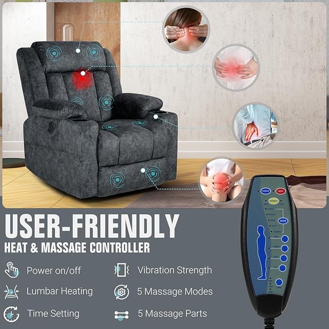 LEVELEVE Retro Rocking Recliner Chair, Massage Rocker Recliner Chair with Vibration Massage and Heat, USB and Type-C Ports,360° Swivel Chairs,Living Room, Bedroom, Nursery, RV, Dark Grey