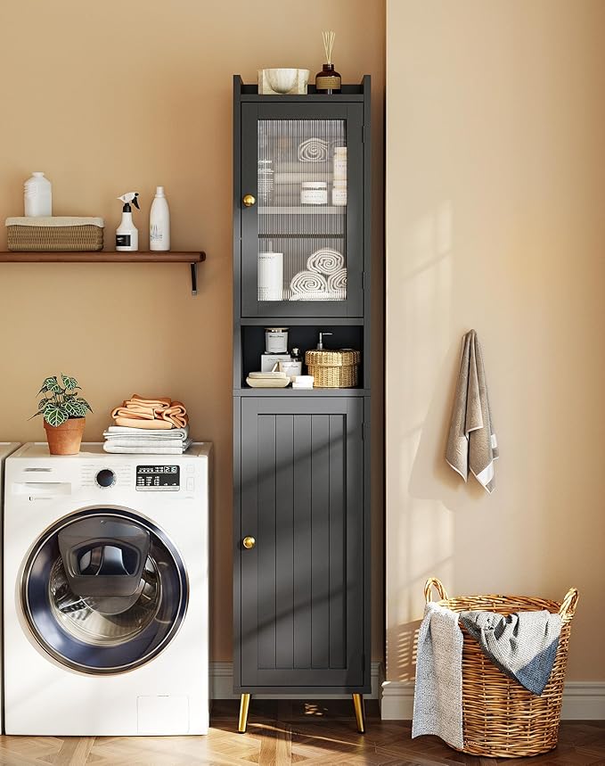 Bathroom Storage Cabinet, Slim Bathroom Storage Cabinet with 6 Shelves & 2 Doors, Linen Cabinet for Bathroom, Kitchen, Laundry Room, Black
