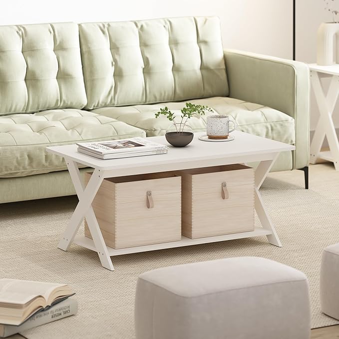 Furinno Modern Simplistic Coffee Table, Rectangle Modern Coffee Table with X-Legs, Criss-Crossed Side Table, for Living Room, Bedroom, Home Office, White