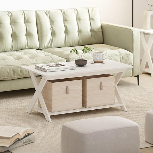 Furinno Modern Simplistic Coffee Table, Rectangle Modern Coffee Table with X-Legs, Criss-Crossed Side Table, for Living Room, Bedroom, Home Office, White