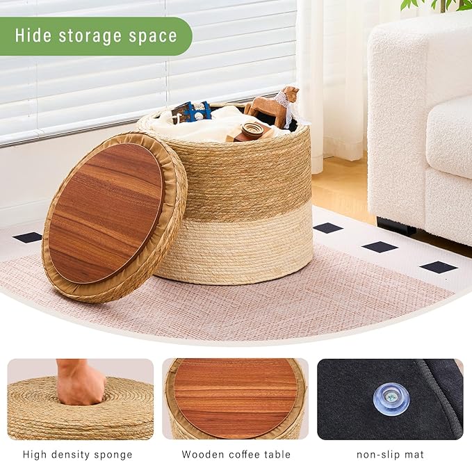 Wimarsbon 18'' Ottoman Pouf, Natural Braided Poof, Rustic Handweave Lounge Pouffe, Boho Footrest Stool for Bedroom, Accent Table for Living Room (Stoage - 18inch Cattail+Beige Corn Husk L)