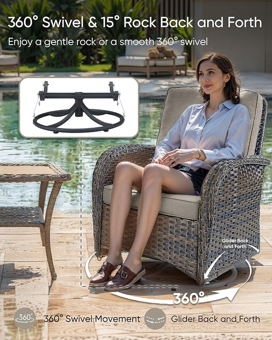 HUMMUH 5-Piece Patio Furniture Set with Fire Pit,Wicker Outdoor Swivel Rocker Chairs Patio Sofa for Backyard,Poolside,Deck,Brown Grey
