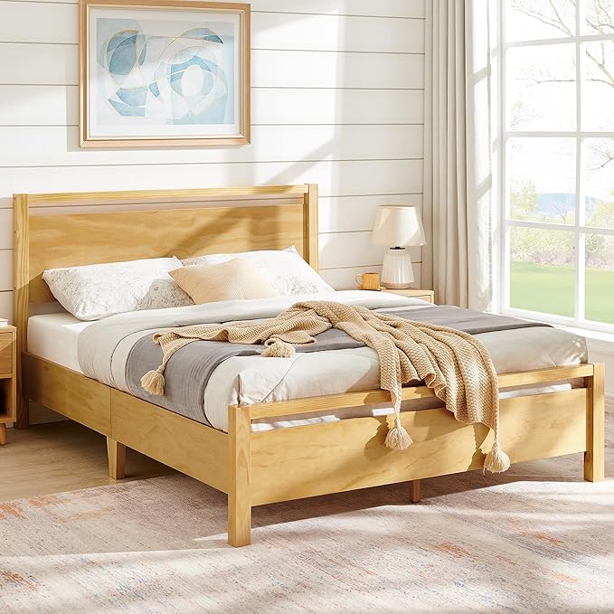 AMERLIFE King Size Solid Wood Bed Frame with Headboard, Minimalist Platform Bed with Wooden Slats Support/No Box Spring Needed/Easy Assembly, Natural