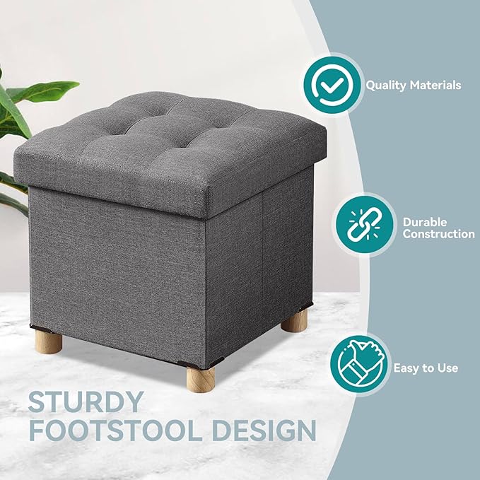 BRIAN & DANY Ottoman with Storage, Small Storage Ottoman for Dorm, Linen Folding Ottoman Foot Stool with Legs for Living Room and Bedroom, 15"x15"x15" - Gray