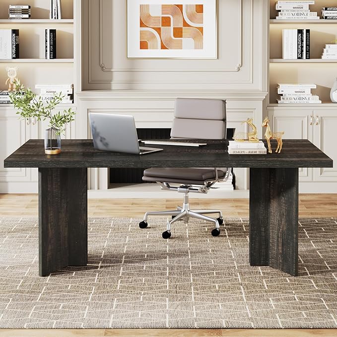 Tribesigns 63-inch Executive Desk, Vintage Office Computer Desk with Large Tabletop, Farmhouse Wood Writing Conference Table Workstation for Home Office, Study, Dark Gray