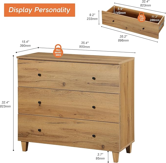 WAMPAT 3-Drawer Kids Dresser for Bedroom, Modern Small Chest of Drawers with Black Knobs, 35 Inch Wide Oak Brown Wood Children Dresser for Baby Room, Nursery, Living Room