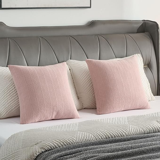 FUTEI Pink Chenille Throw Pillow Covers 24x24 Inch Set of 2,Soft Striped & Diamond Textured European Cushion Cases,Modern Home Decor for Couch Living Room