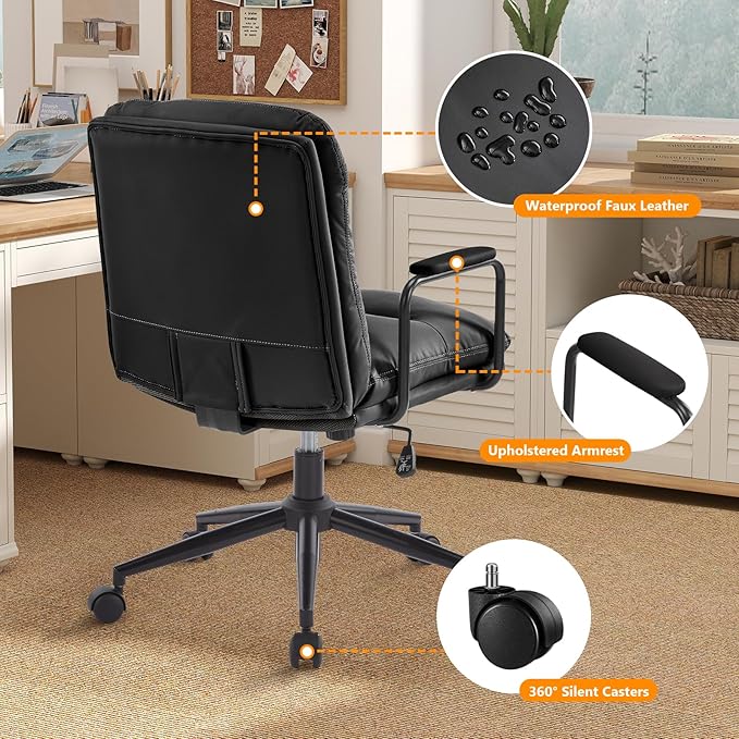 Furniliving Leather Home Desk Chair, Comfortable Executive Office Chair with Wheels, Ergonomic Computer Task Chair Adjustable Height, Black