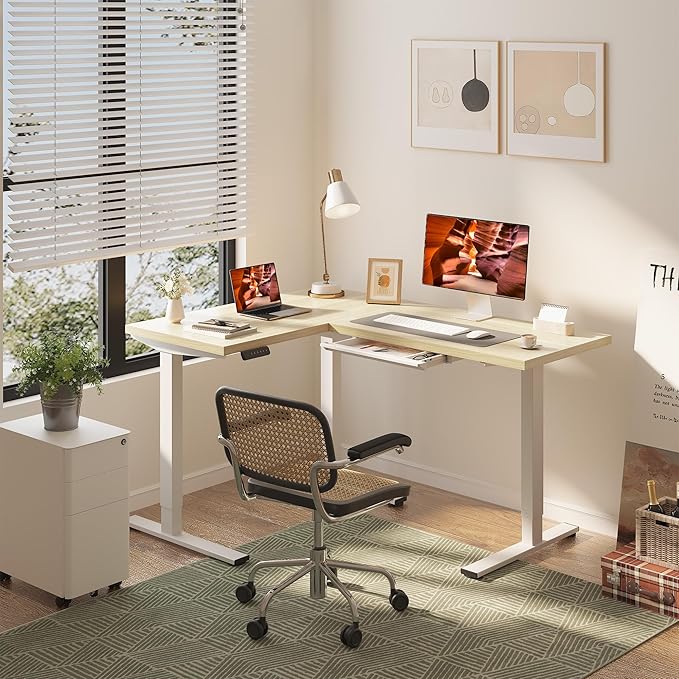 L-Shaped Standing Desk, 63 x 47 Inches Height Adjustable Desk with Storage, Sit and Stand up for Work Office Home, Ergonomic Rising Computer Table for Home Office with Splice Board, Maple