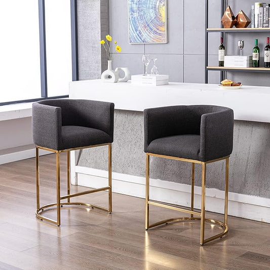 Contemporary Charcoal Linen Bar Stool, 29" Upholstered Fabric Counter Height Barstool Kitchen Counter Island Stool with Golden Metal Base
