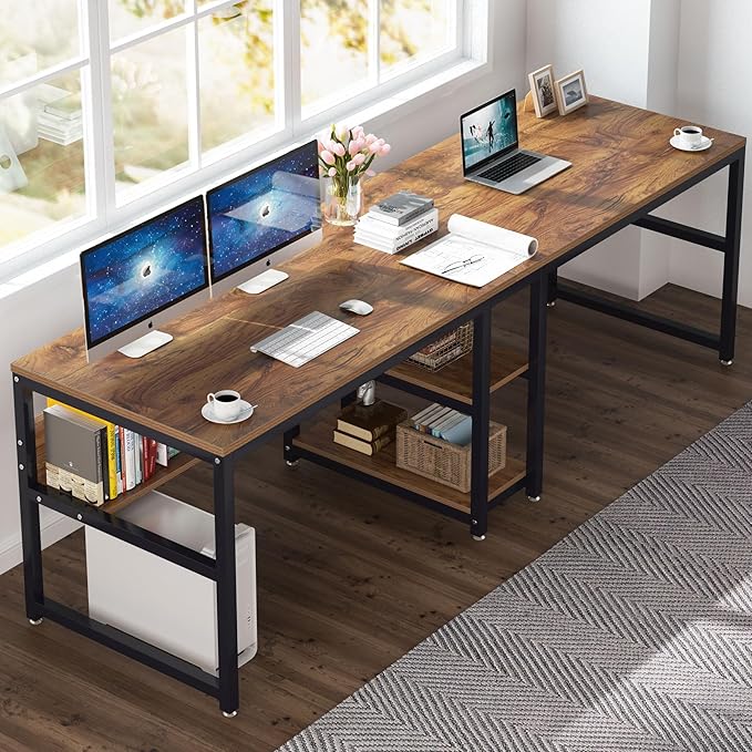 Tribesigns Two Person Desk with Bookshelf, 78.7 Computer Office Double Desk for Two Person, Rustic Writing Desk Workstation with Shelf for Home Office (Brown)