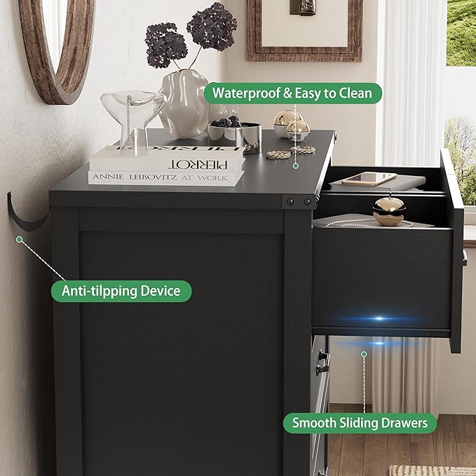 Dresser for Bedroom with 6 Drawers, 46" Tall Wood Chest of Drawers with Deep Drawers & Mental Handle, Modern Dresser TV Stand, Wooden Closet Storage Organizer for Living Room, Hallway, Entryway, Black