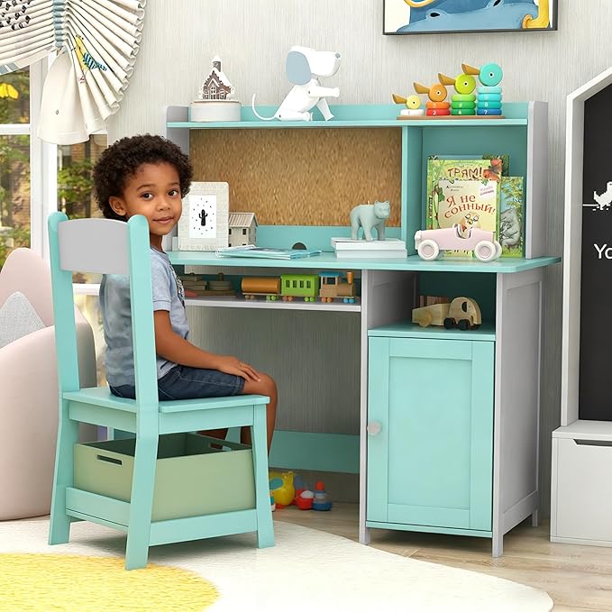 TaoHFE Blue Kids Desk Chair,Kids Desk with Storage and Shelf,Wooden Kid Desks and Chair Set for Bedroom and Study,Kid Study Desks for Boys, Girls Table and Chair Set