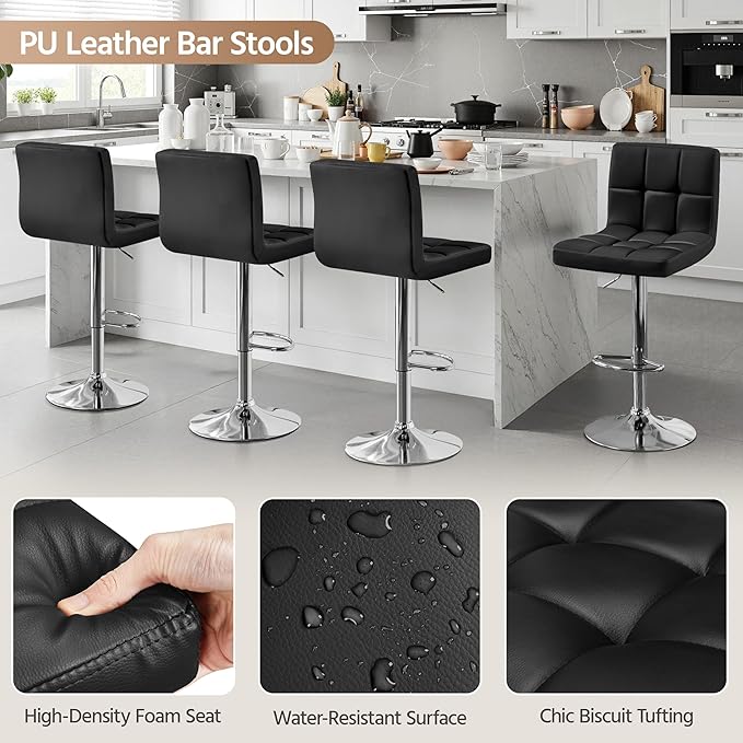 Yaheetech Bar Stools Set of 3, Adjustable PU Leather Swivel Barstools, Modern Counter Stools with Back and Footrest, Counter Height Barstools for Bar, Kitchen, Dining Room, Black