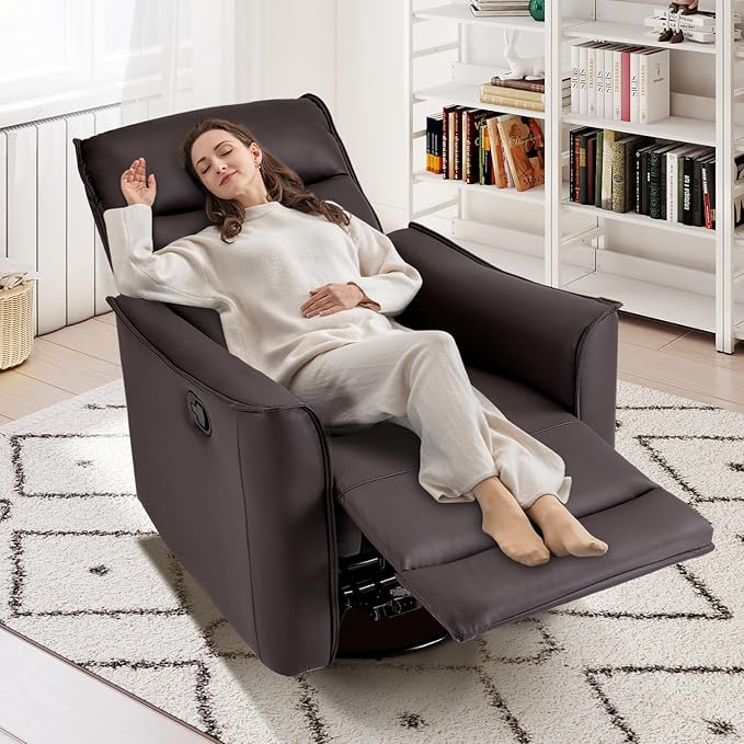 CANMOV Swivel Rocker Recliner Set of 2, Glider Rocking Chair, Nursing Chairs Swivel Glider Recliners with Soft Backrest, Leathaire Manual Reclining Sofa for Living Room Bedroom Apartment, Dark Brown