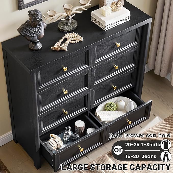 Farmhouse Dresser for Bedroom, 41" Tall Black Dresser with 8 Drawers, Soide Rustic Wood Vintage Dressers Chest of Drawers for Bedroom, Living Room, Hallway