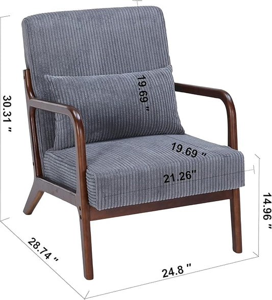 Accent Chairs, Mid-Century Modern Chair with Pillow, Armchair with Solid Wood, Reading Relaxing Leisure Chair for Living Room(Dark Grey/Walnut)