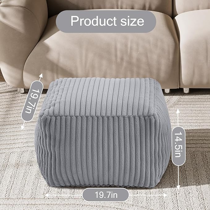 MeMoreCool Square Stuffed Pouf Ottoman Foot Rest, Stripe Furry Floor Pouf Foot Stool with Foam Chunk Filling, Soft Fluffy Stuffed Ottoman Footrest for Living Room, Faux Fur Grey
