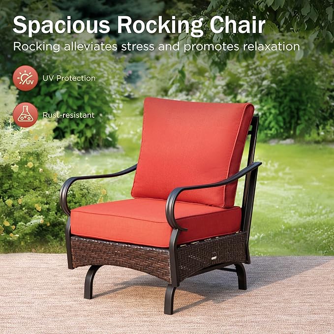 Patio Furniture Set with 56" Fire Pit Table, Premium Outdoor Wicker Metal Frame Furniture with Upgraded Waterproof Thick Cushions for Porch, Poolside, Deck, and Yard (4 Pieces,Red