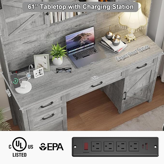 Farmhouse 67''H Executive Desk with Hutch & 5 Drawers, Rustic Office Desks Computer Desks with Charging Station, File Drawers and Storage Cabinets, Wood Workspace for Home Office & Study.(Grey).