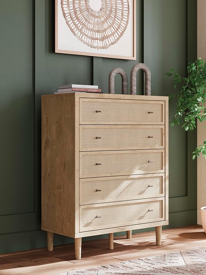 Signature Design by Ashley Cielden Contemporary Chest of Drawers with Textured Cane Details and 5 Drawers, Bronze Knobs, Wood, 52.48" High, Light Brown