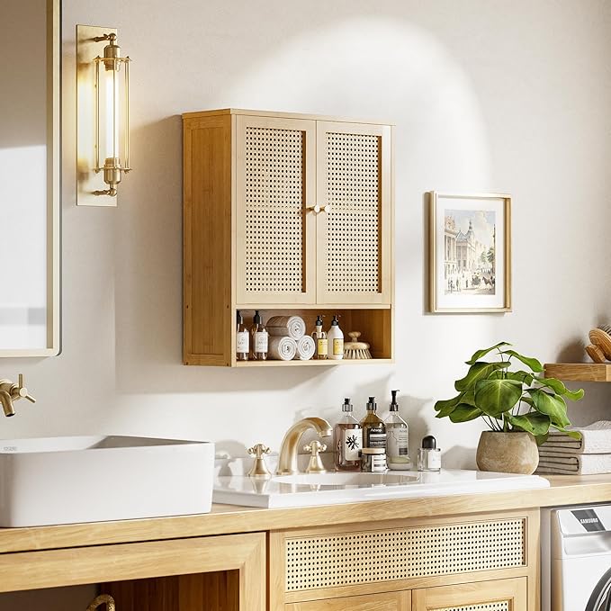 HITNET Bathroom Cabinet Wall Mounted, Rattan Medicine Cabinet, Bamboo Hanging Storage Organizer Over The Toilet with Adjustable Shelf for Living Room, Kitchen, Entryway (Natural)