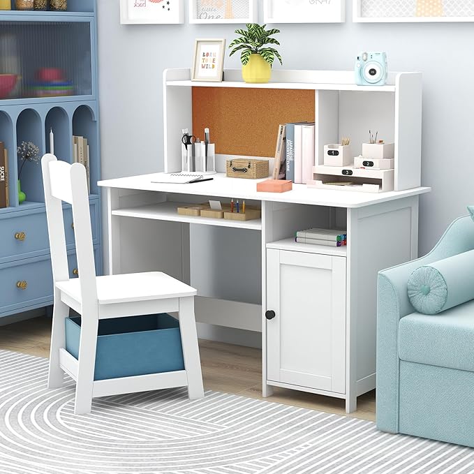 TaoHFE Kids Desk and Chair Set, Kids Desk Chair with Storage and Shelf, Wooden Kids Table and Chairs for Bedroom and Study, Craft Table with Storage Gifts for Boys, Girls to Study, White