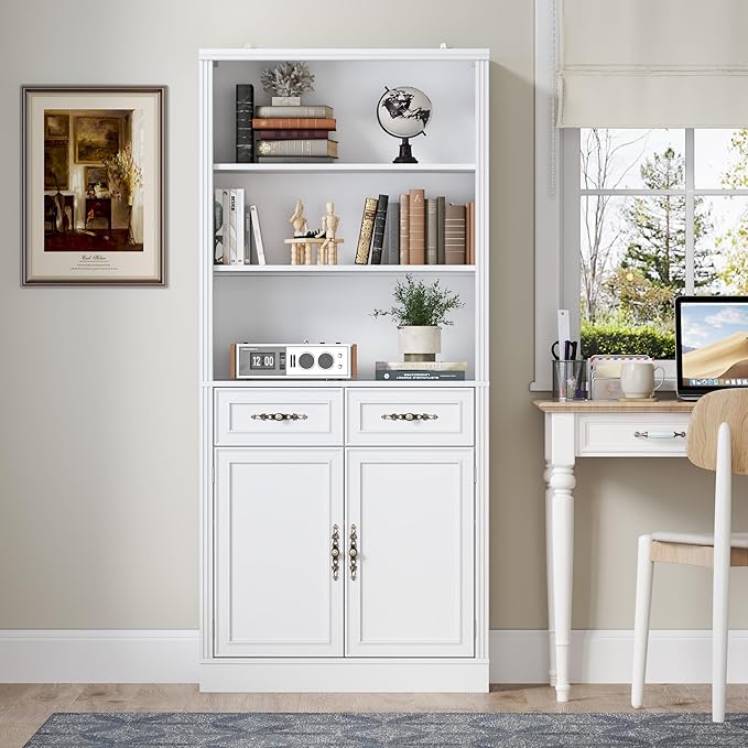 71.4" Tall Bookshelf with Drawers & Cabinet, 5-Tier Floor Standing Bookcase with Storage Doors, Adjustable Shelves & Metal Handles, 31.5" Wide Organizer for Home Office, Living Room