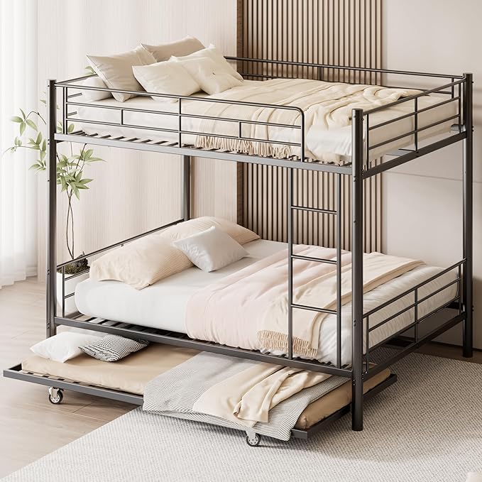 Full Over Full Bunk Bed with Trundle, Heavy Duty Metal Bed Frame with Full-Length Guardrails & Ladder, 3-in-1 Convertible Full Bunk Bed, Noise-Free, No Box Spring Needed, Black