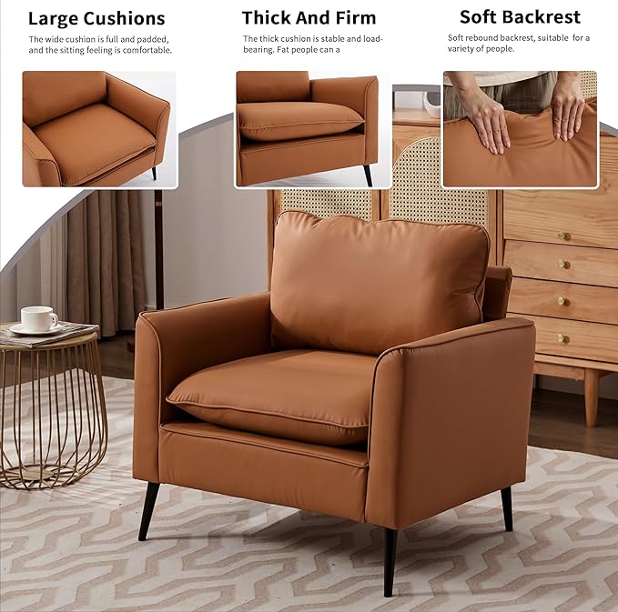 YISHENG Mid-Century Modern Living Room Accent Chairs Set of 2 - Oversized Faux Leather Armchairs with Removable Cushions & Metal Legs, Comfortable Sofas for Office/Lounge/Bedroom/Reception,(Brown)